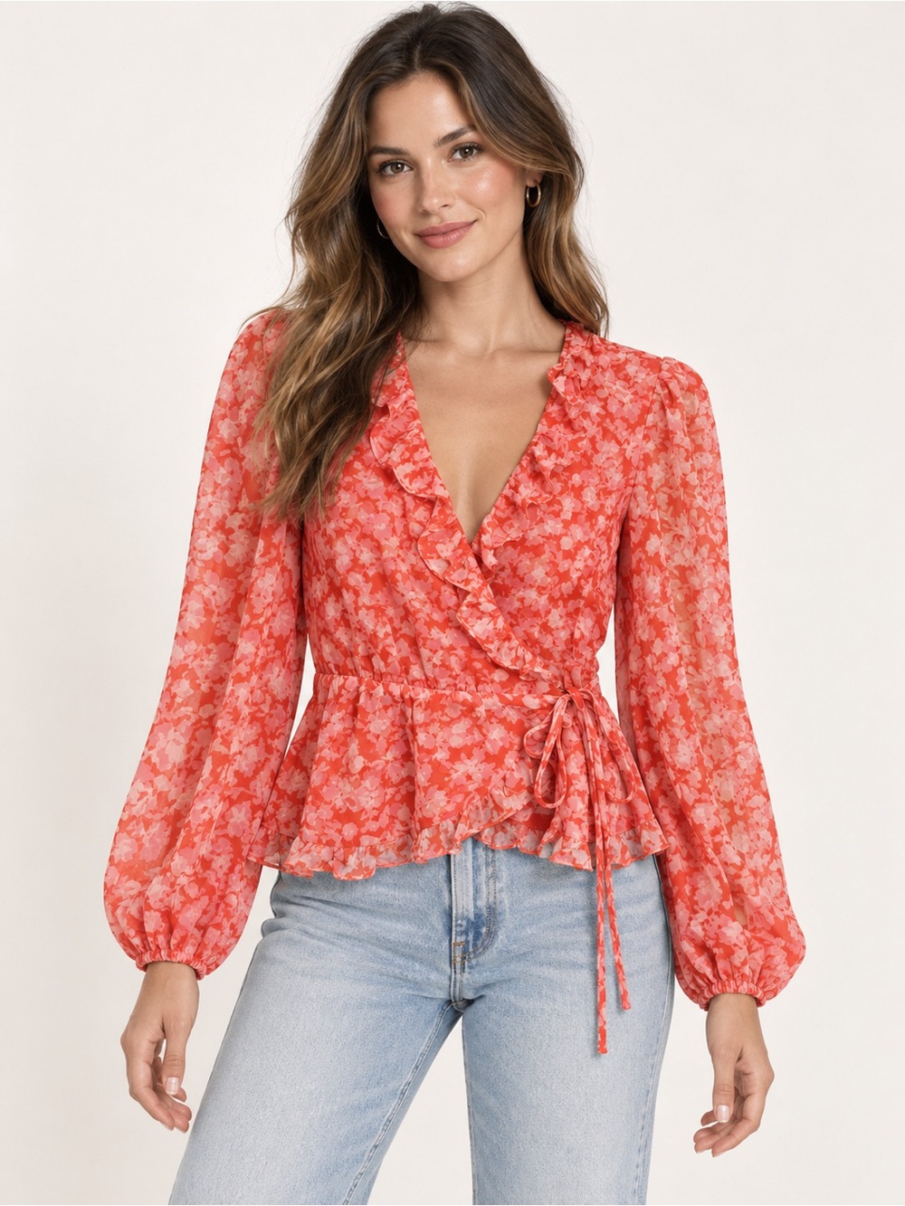 LOVERS + FRIENDS Revolve Red Pink Floral Ruffle Wrap Blouse Size Small